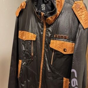 COOGI Vintage Black Jacket‎ with Brown Leather Like-Trim